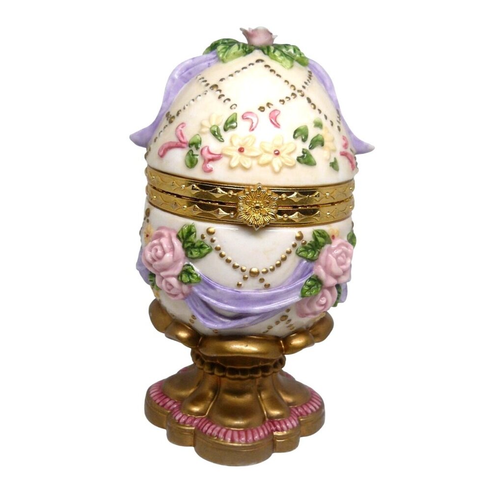 Hand-Painted Porcelain Egg Trinket Box Floral Design Gold Accts Ornate Base Vtg